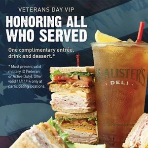 Honoring all who served with free meal at McAlister's Deli