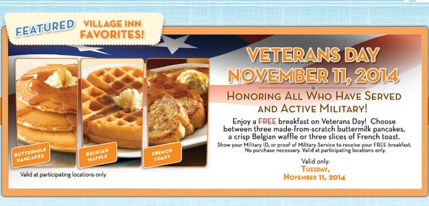 Free breakfast for Veterans Day 2014 at Village Inn