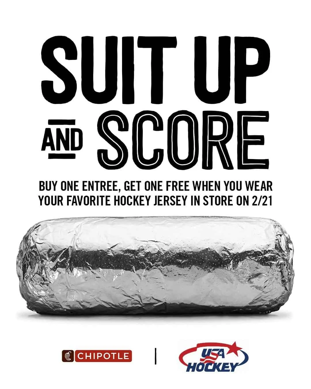 Chipotle Hockey Weekend BOGO - Wear your hockey jersey and get buy-one, get-one-free deal at Chipotle