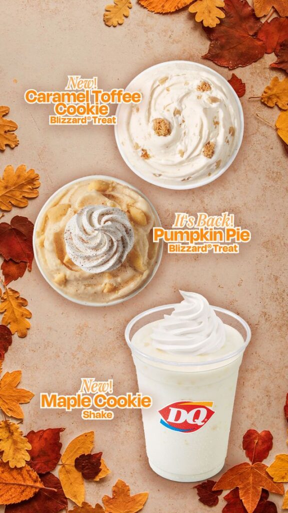 Three fall Blizzard treats on tan background with leaves