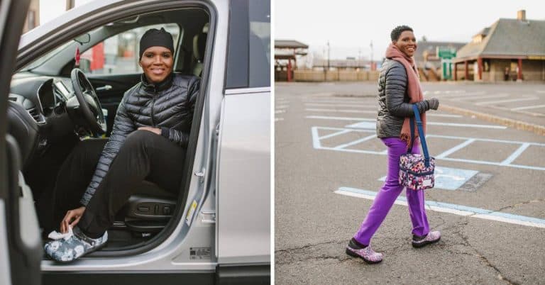 two images side by side of healthcare worker enjoying free pair of Crocs