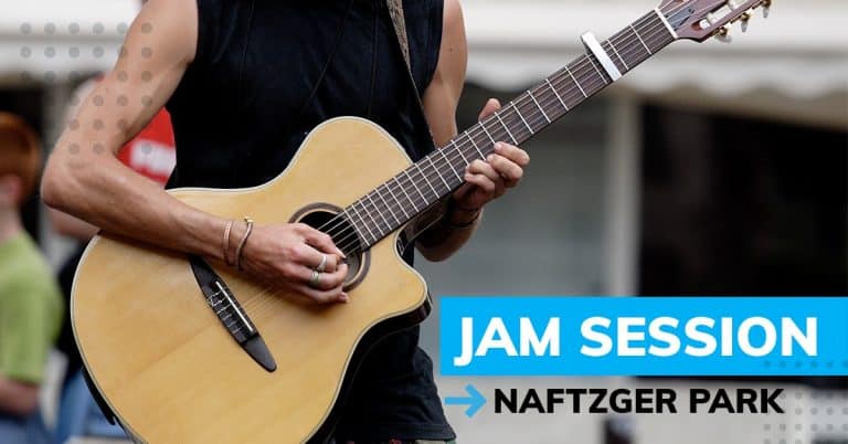 Free jam sessions at Naftzger Park in downtown Wichita, KS - picture of man playing guitar