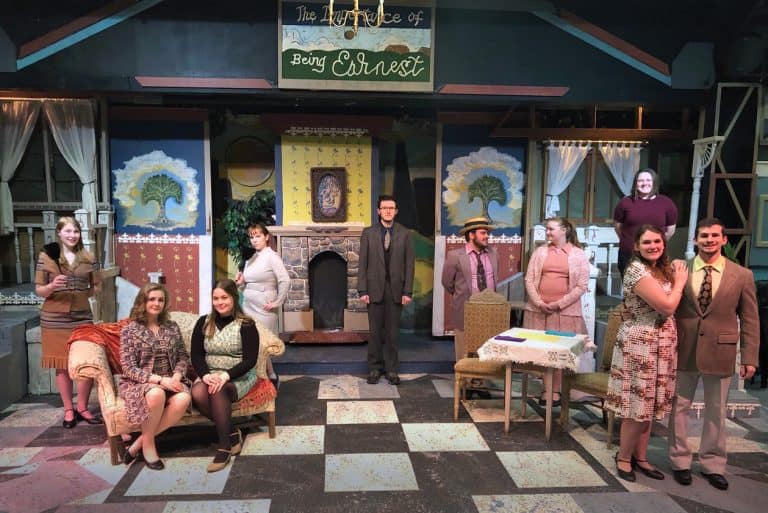 Cast on set of The Importance of Being Earnest live virtual performance by Friends University in Wichita