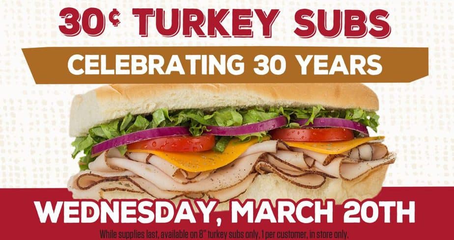 Goodcents turkey sub deal 30 cents for 30th anniversary