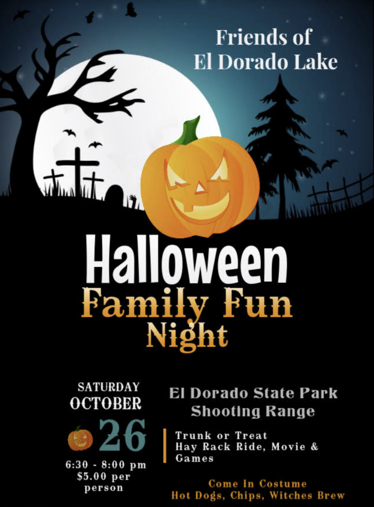 Cute Halloween themed flyer for El Dorado Lake Halloween Family Fun Night 2024