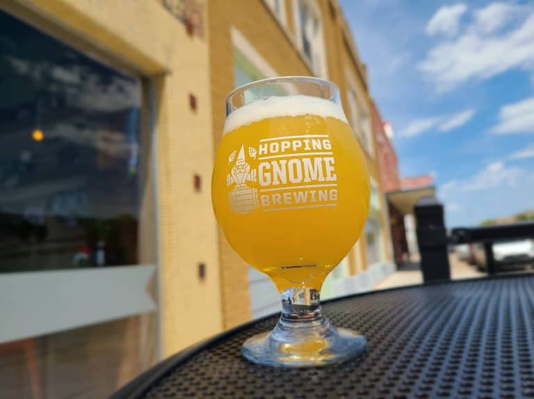 local craft beer on patio table at hopping gnome brewing co in wichita ks