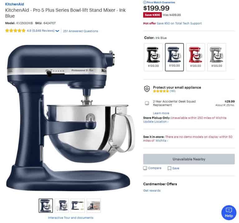 KitchenAid stand mixer Black Friday deal screenshot from Best Buy website