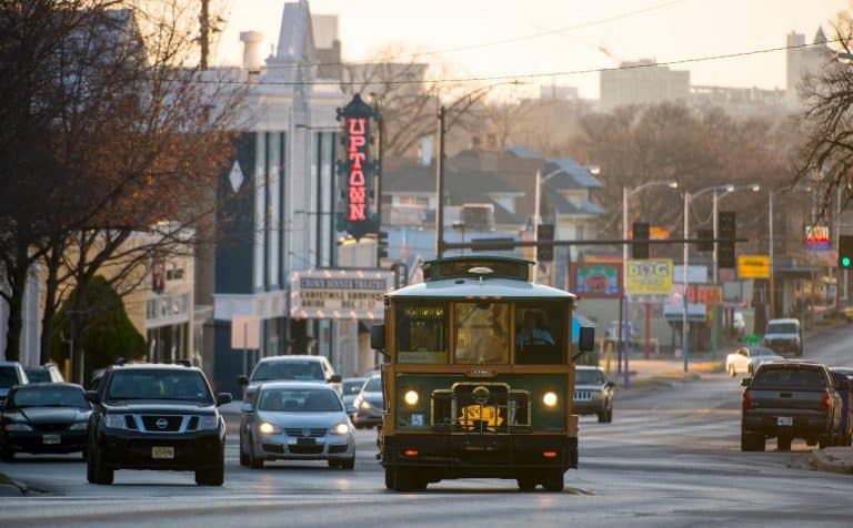 The Q-line trolley running along Douglas Ave. in Wichita